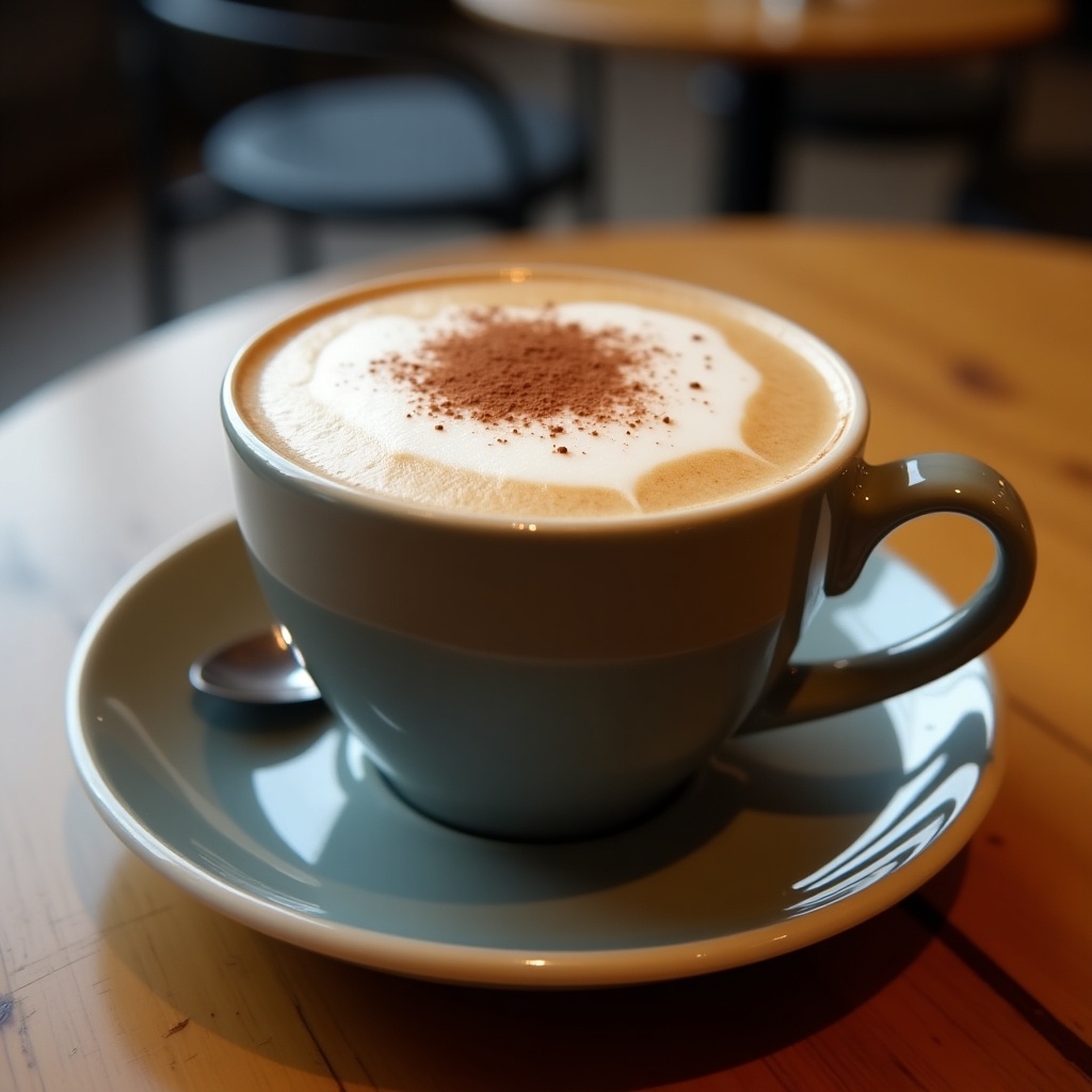 The image showcases a beautifully crafted cappuccino placed on a light wooden table. The cup is light blue with an elegant design, filled with creamy, frothy coffee topped with cocoa powder. A silver spoon rests beside the cup, hinting at the experience of savoring the drink. The background is softly blurred, enhancing the focus on the cappuccino. This scene evokes a warm and inviting coffee shop atmosphere, perfect for relaxation or socializing.