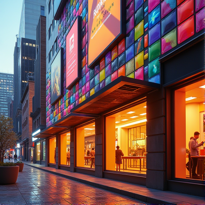 A vibrant, illuminated storefront with large windows and a colorful, modern facade on a city street.