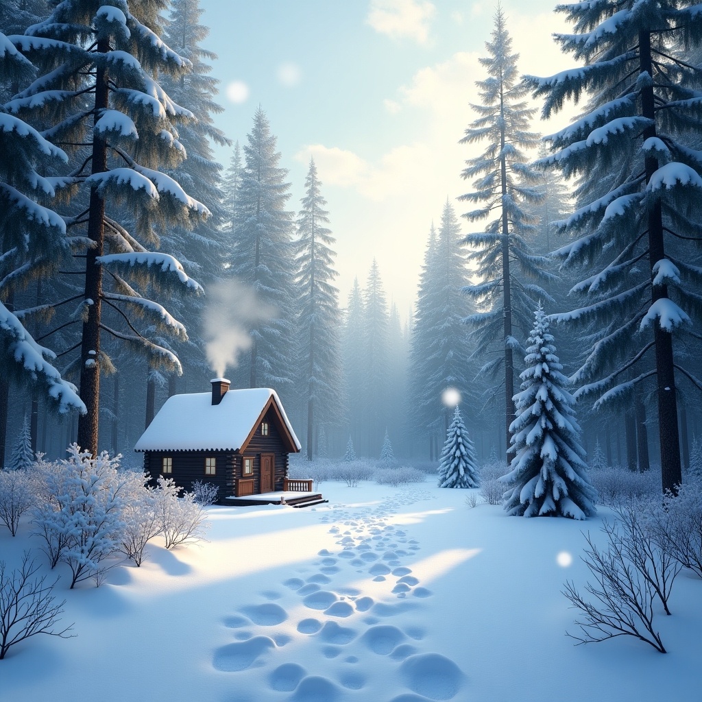 A cozy wooden cabin covered in snow surrounded by tall evergreen trees in a tranquil winter forest with a snowy pathway.