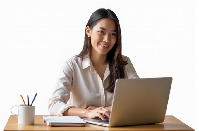 A smiling individual in a white shirt is working on a laptop at a desk with a notebook and a mug holding pens.