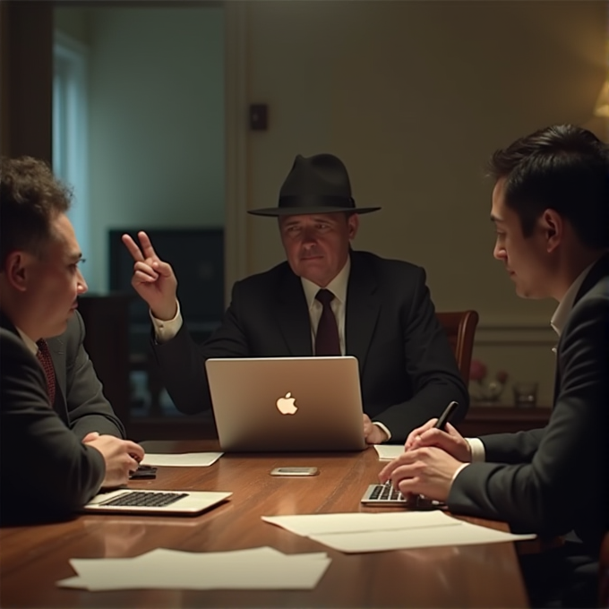 Three men in suits are gathered around a table, discussing work, with laptops and papers in front of them.