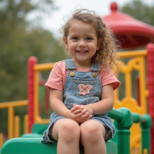 Little girl sits on playground equipment. She wears denim overalls. The scene captures a vibrant outdoor playground. The background is blurry with colorful play structures. Natural lighting enhances the cheerful atmosphere.