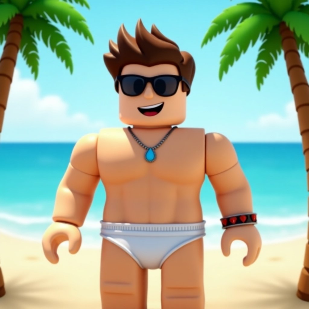 Image of a Roblox-style character smiling. Character wears a diaper and accessories like sunglasses. Bright beach background includes palm trees and ocean.