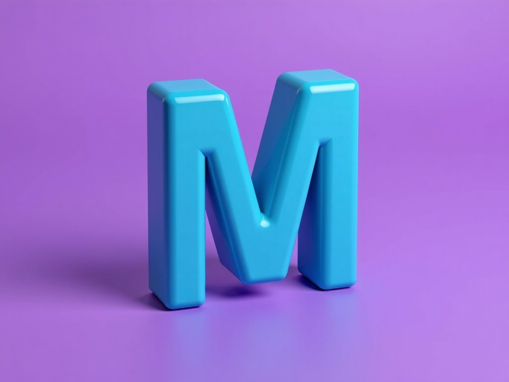 A 3D blue letter M is prominently displayed against a vibrant purple background. The letter has a glossy and reflective surface, giving it a modern and attractive look. The lighting highlights the contours of the letter, emphasizing its three-dimensional shape. The overall composition creates a striking visual impact, making it suitable for various graphic design uses. This image is ideal for presentations or promotional materials that require bold typography.