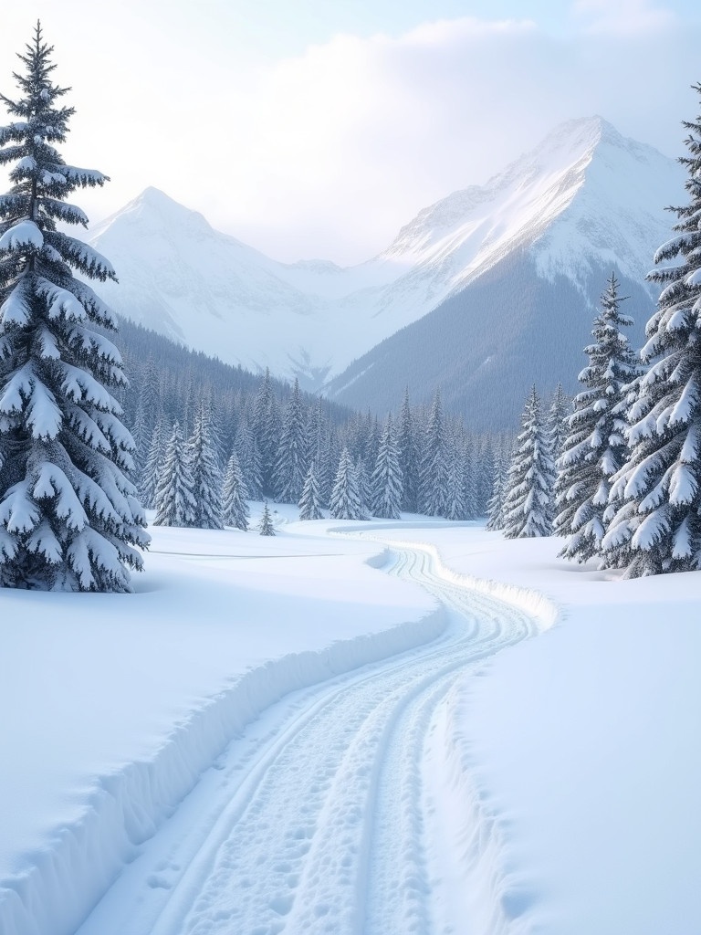 Serene winter landscape includes snow-covered trees and distant mountains. Winding path trails through snow hint at adventure. Tranquil scene with overcast light casts gentle glow. Foreground has clear tyre tracks from previous visitors. Evokes peace and beauty of winter nature.