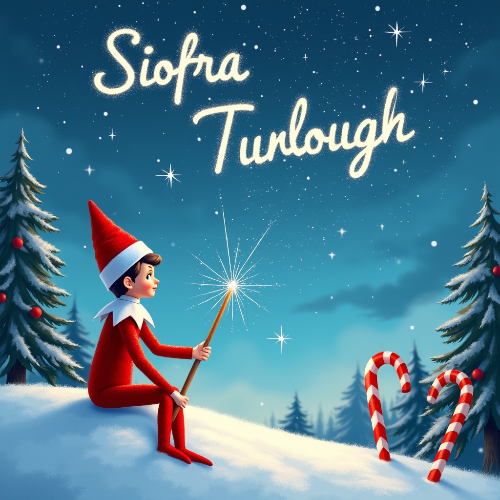 The image features an elf sitting on a snowy landscape, enjoying a serene winter night. The elf is actively using a magical wand to write names in the twinkling sky. The background is adorned with snow-covered evergreen trees and festive candy canes. Above the elf, the names 'Siofra' and 'Turlough' are beautifully illuminated in sparkling light. This enchanting scene captures the magic of the holiday season, filled with joy and wonder.