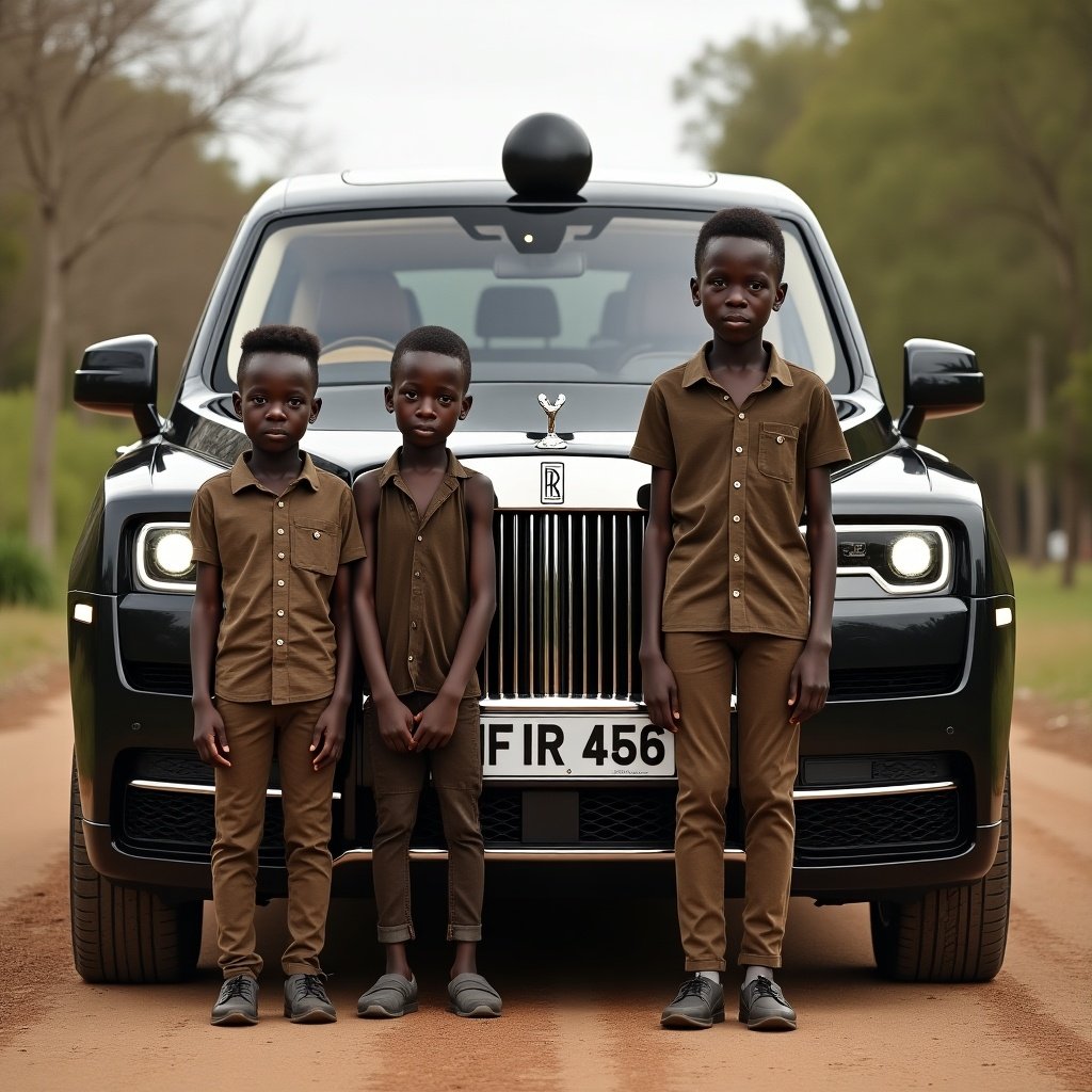 A family of four brothers stands in front of a Rolls Royce Cullinan. The scene captures their unity and a luxury vehicle. They are outdoors, dressed casually in matching outfits.