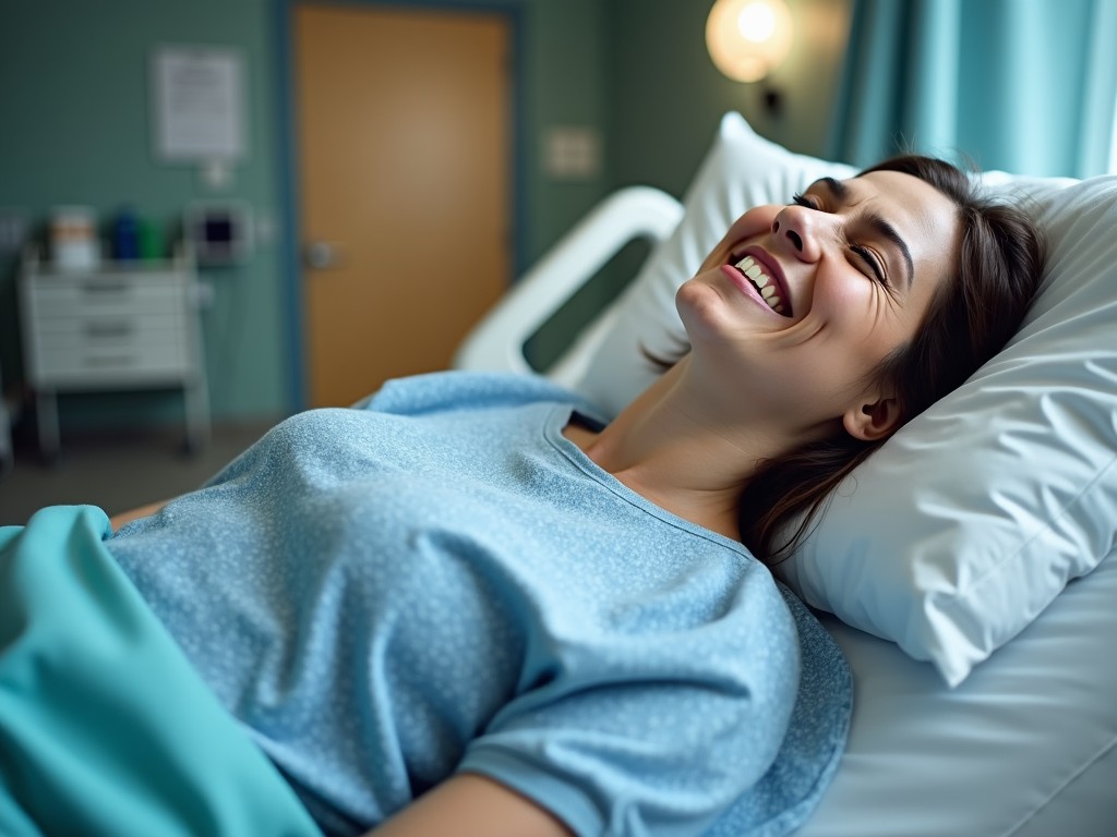 The image depicts a woman lying in a hospital bed with a bright smile on her face. She appears relaxed and content, suggesting a positive experience during her hospital stay. The room features calming colors, including soft blues and greens. The lighting enhances a warm and welcoming atmosphere. This scene reflects the importance of mental well-being in health recovery and patient care.