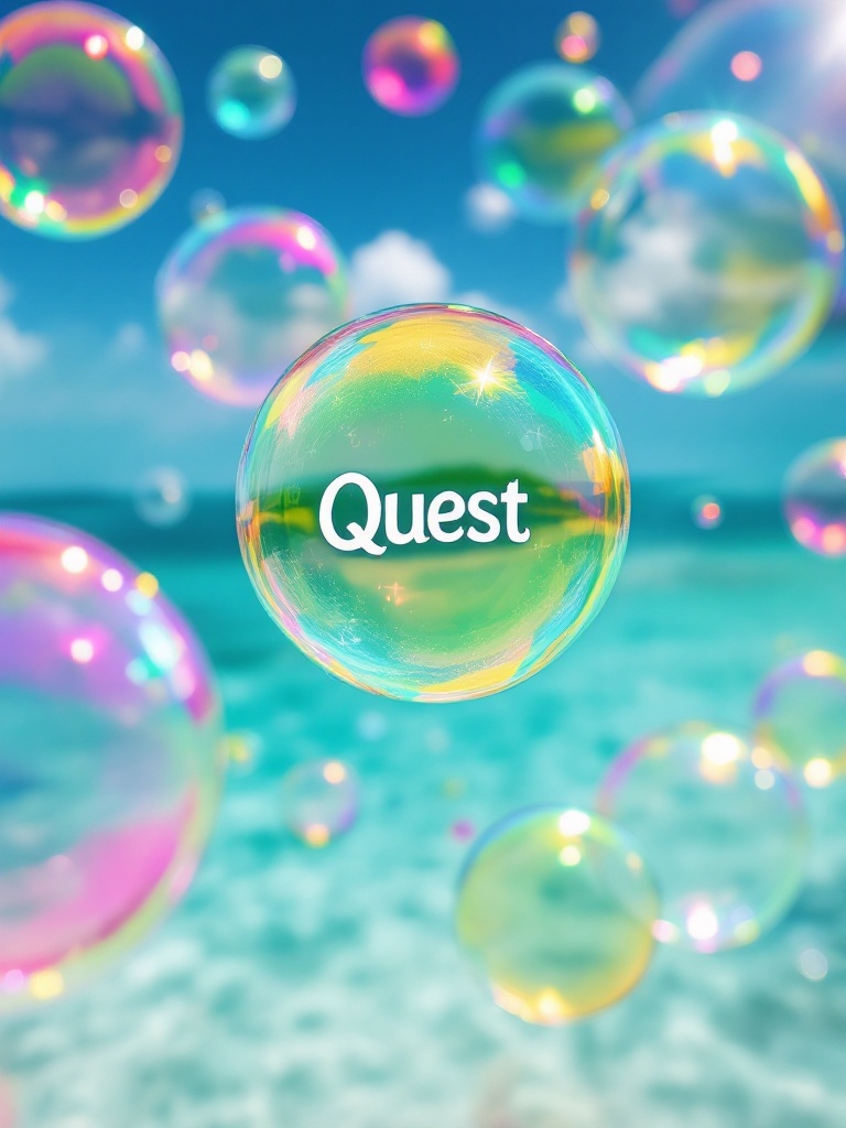 Create an image of colorful bubbles floating above the Caribbean Sea. One bubble has the word Quest inside. The bubbles vary in size and color. They reflect sunlight. The setting is a serene turquoise Caribbean Sea. It creates a sense of wonder and adventure.