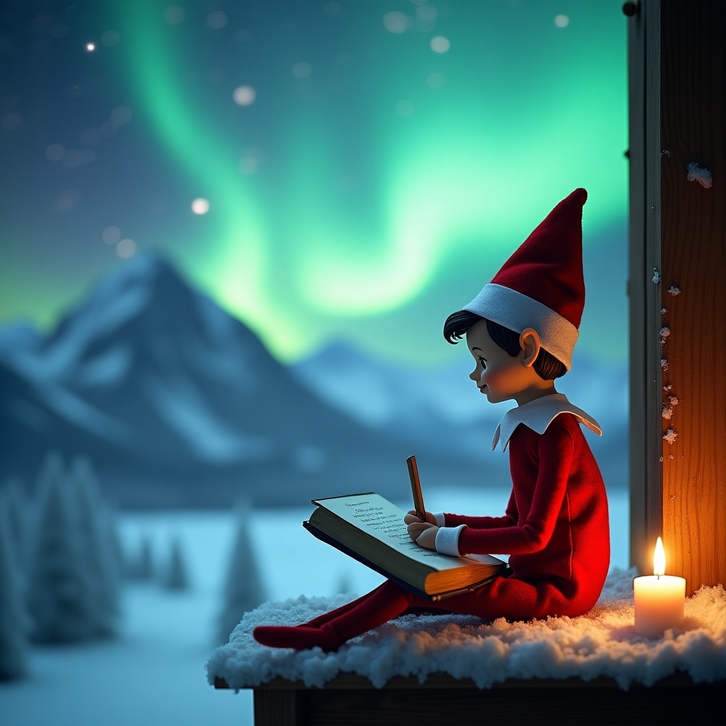 This enchanting image features an Elf on the Shelf, portrayed with a classic red and white outfit. The elf sits on a snowy ledge, gazing upward with a sense of wonder. Using a wand, he writes 'Darcie' in the sky amidst stunning northern lights. The background showcases majestic mountains and a starry night, bringing a magical Christmas atmosphere. A soft candle flickers nearby, casting a warm glow that enhances the whimsical scene. This illustration beautifully captures the spirit of Christmas and the joyous traditions that accompany the holiday season.