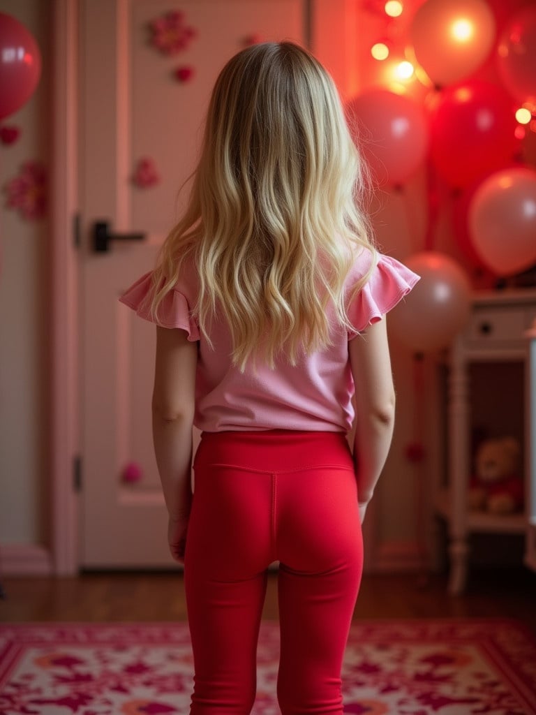 A 4 year old girl stands with her back to the camera. Blonde hair cascades over her shoulders. She wears bright red leggings and a pink top. The room is decorated for a party. Warm lights are glowing in the background.