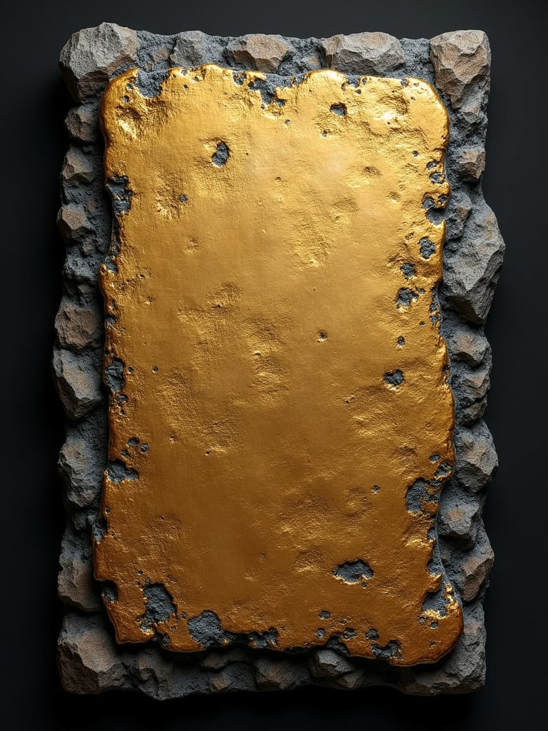 A stone tablet with a large golden surface. The edges are rugged and rocky. There is a black outline around the tablet. The background is dark to enhance the tablet's features.