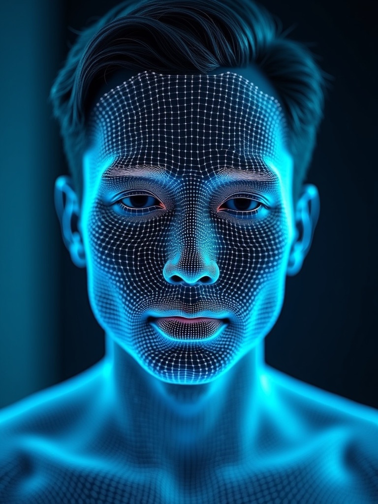 Futuristic hologram representation with grid lines and a blue glow