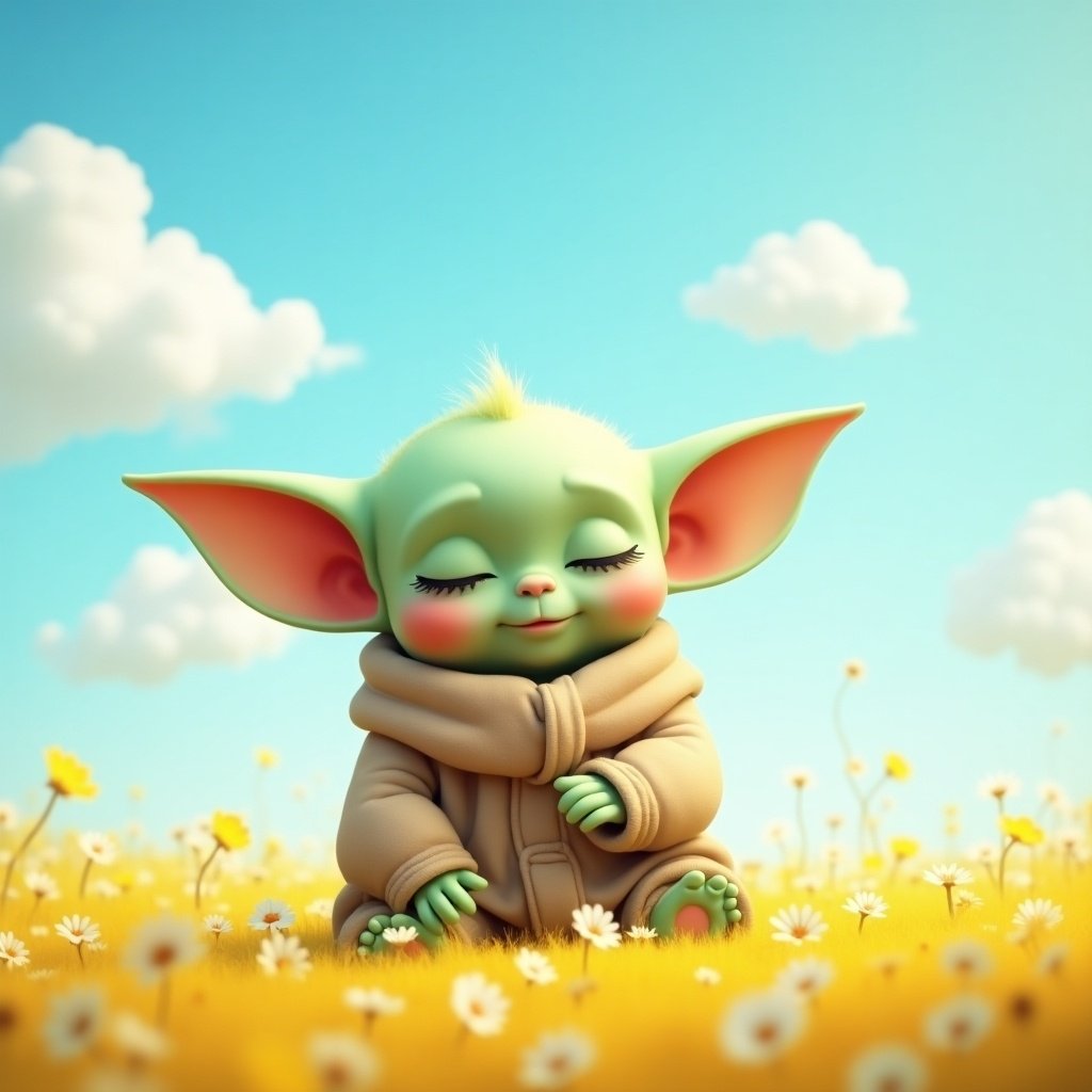 A cute character resembling a young alien. Green skin with large ears. Sitting in a field of yellow flowers. Background has a bright blue sky with soft clouds.