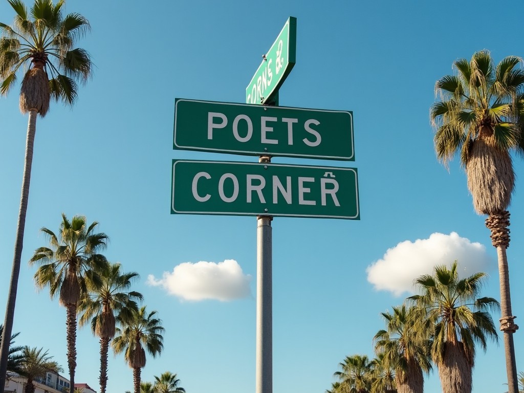 This image features a city crossroad street sign prominently displaying two inscriptions: the top one reads 'POETS' and the bottom one reads 'CORNER'. The sign is set against a backdrop of lush palm trees that reflect the warmth of a sunny day. Above, a clear blue sky is punctuated by a few fluffy clouds resembling footballs. The vibrant colors and clear composition highlight a serene urban environment, making it an inviting scene. Ideal for use in travel literature or blogs focusing on literary destinations.