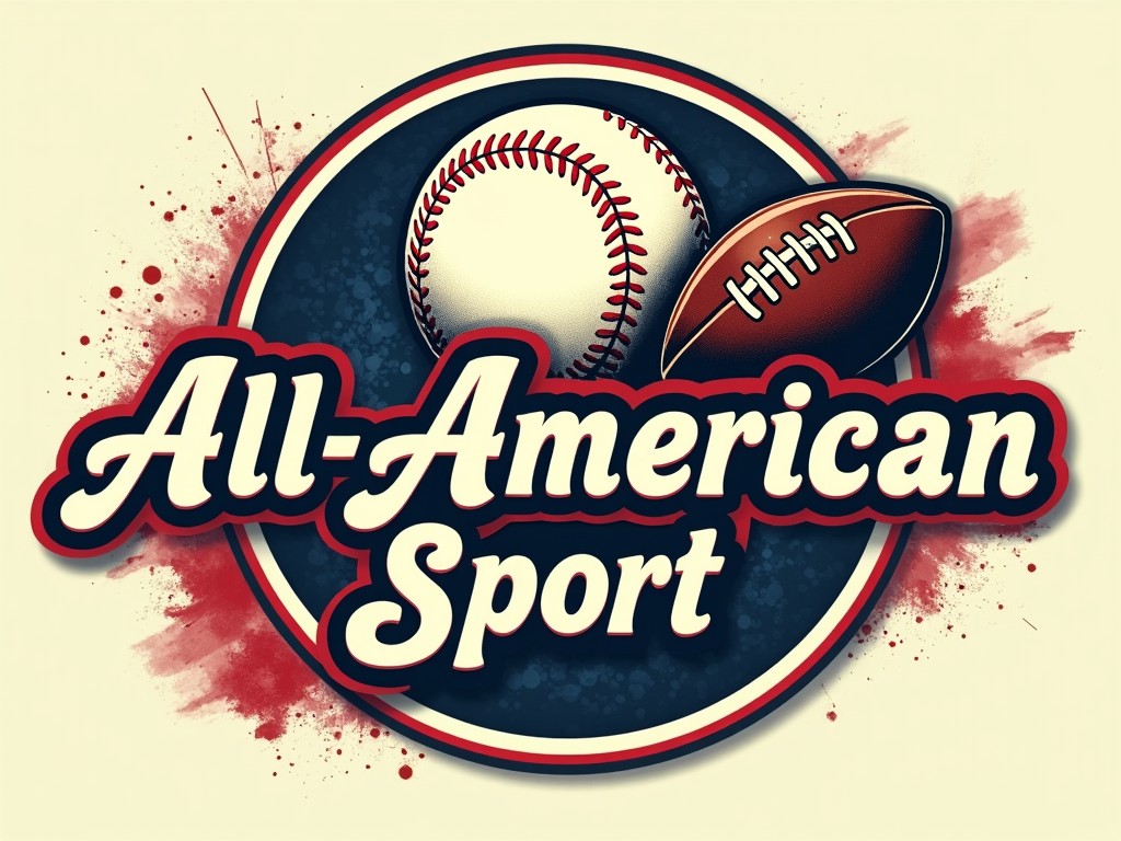 The image features the phrase 'All-American Sport' prominently in a classic and bold font. It is centered around two iconic sports symbols: a baseball and a football. The composition includes splashes of red, adding a dynamic and energetic feel. This artful design emphasizes the traditional and enthusiastic spirit of American sports culture.