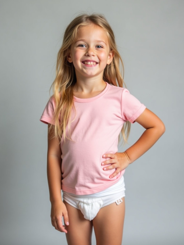 Image of a seven-year-old girl. She has long blonde hair. She wears a fitted pink t-shirt and white diaper. Gray background emphasizes her innocence. She poses relaxed with one hand on her hip. Soft lighting creates warmth. Captures early childhood moments.