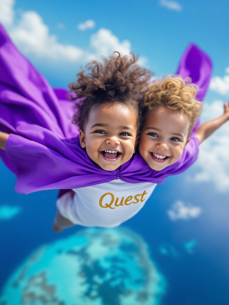 Two babies soar high above the Caribbean. They wear purple capes. Each baby enjoys the thrill of flight. One shirt has the word 'Quest' in gold. The sun shines brightly on the sparkling sea. Their laughter fills the air. This scene captures the essence of adventure and wonder.