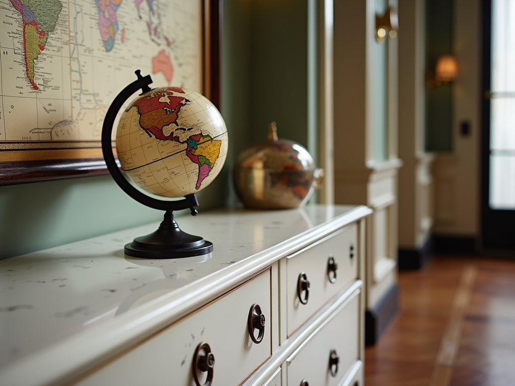 A globe sits atop a vintage dresser with a world map backdrop, basking in soft natural light.