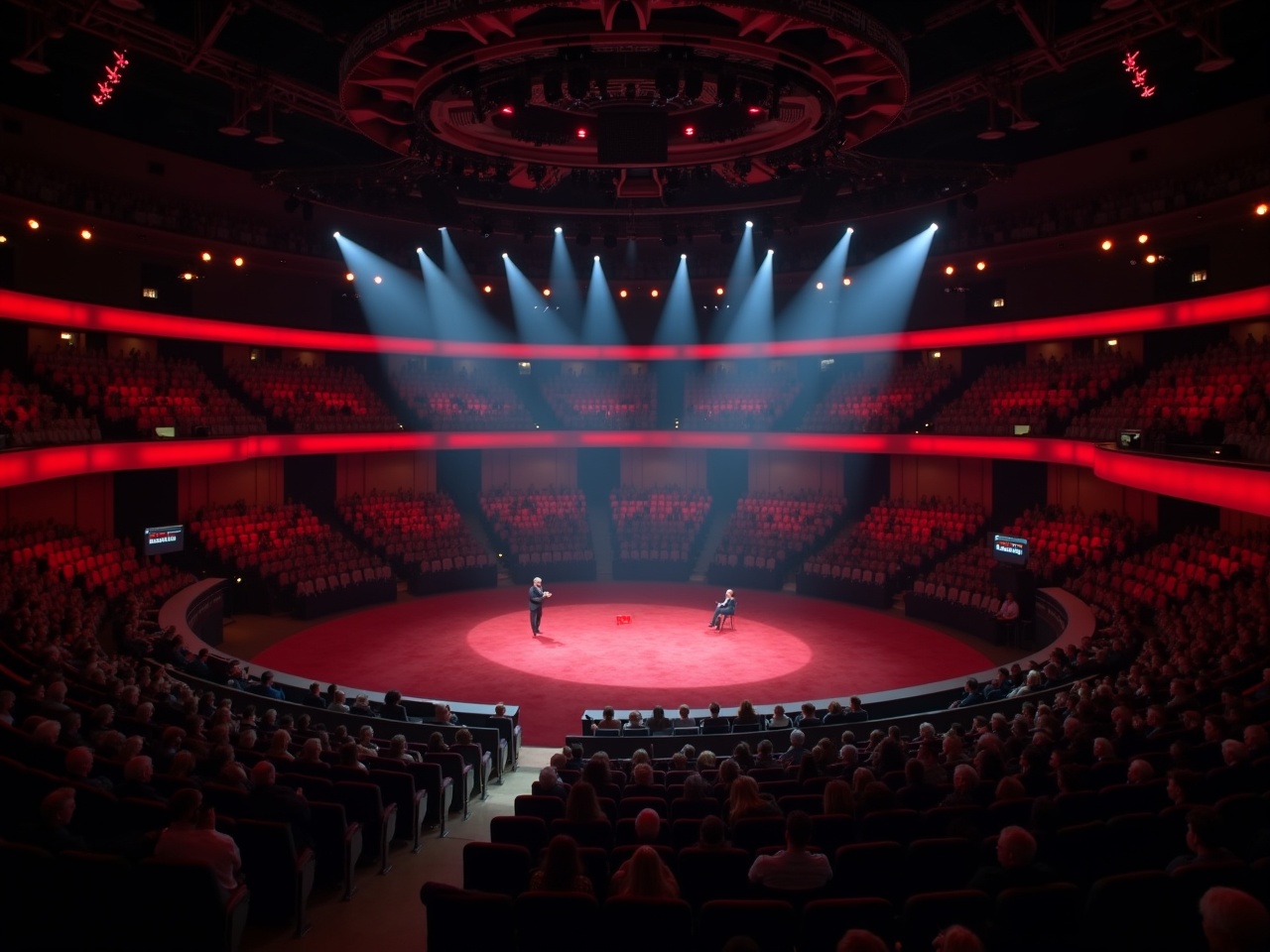 A large auditorium filled with an audience. The stage is circular, with a single speaker giving a talk. The lighting is dramatic, with red and white color tones highlighting the stage. A second person is seated on stage, engaged with the speaker. The atmosphere feels vibrant and lively as the audience is attentive. This setting resembles a TED talk or a major lecture event, showcasing public speaking. The audience is seated in a semi-circular arrangement, creating an intimate yet expansive environment.