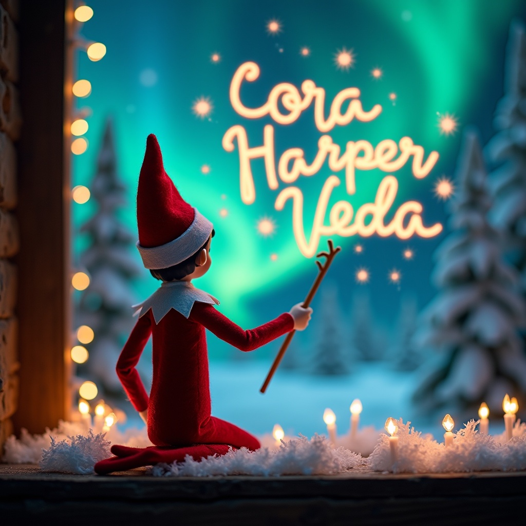 This enchanting scene depicts an elf on the shelf, dressed in traditional red and white, with its back to the viewer. The elf is holding a magic wand and writing names in glowing script above, spelling 'Cora', 'Harper', and 'Veda'. Surrounding the elf is a backdrop of vibrant northern lights, adding to the magical feel of the Christmas setting. The ground is adorned with soft snow and lit candles, enhancing the festive atmosphere. This whimsical portrayal captures the joy and wonder of the holiday season, making it a delightful image for Christmas celebrations.