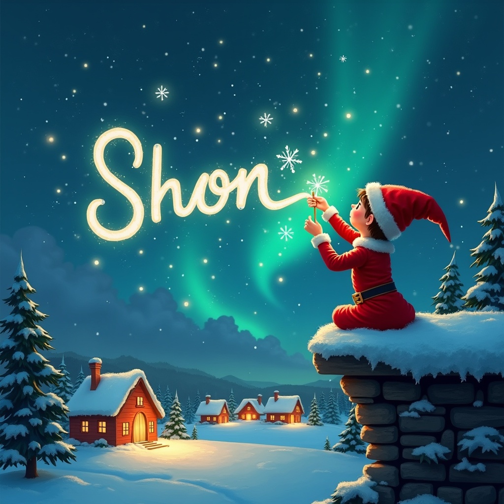 An elf writes names in a magical night sky. The elf is on a ledge, dressed in red with a pointed hat. It holds a wand creating shimmering letters. Below is a snowy landscape with houses and trees, illuminated by Northern Lights. The atmosphere is rich in childhood magic and Christmas spirit.