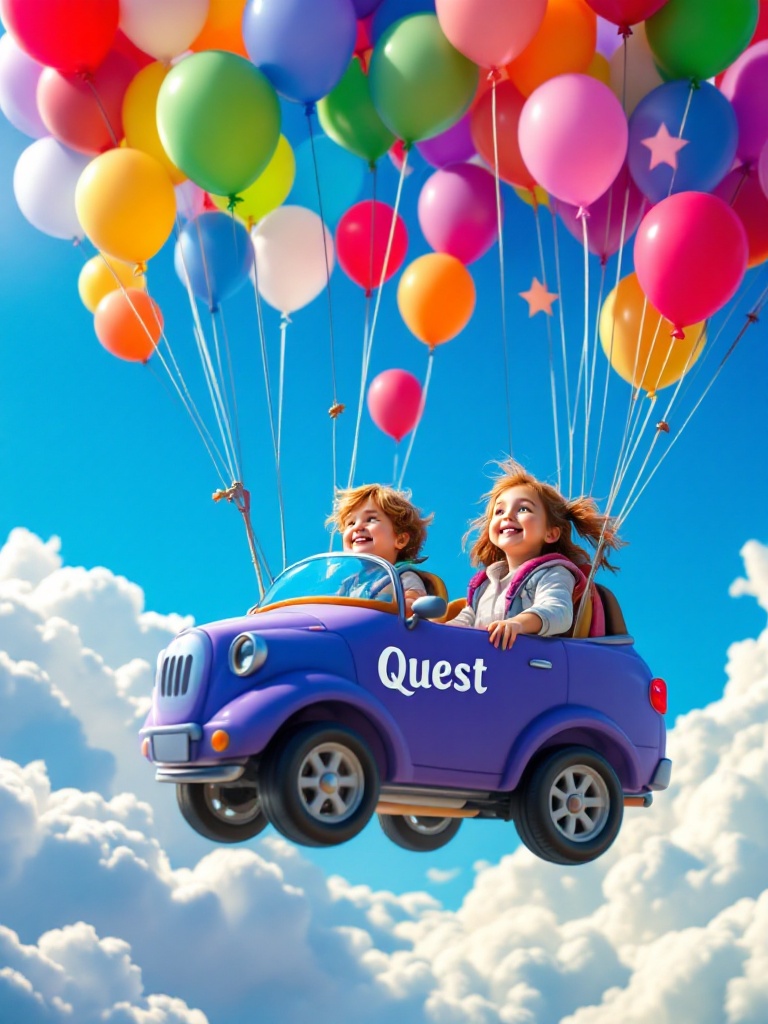 Two joyful kids in a whimsical purple car named Quest float high in the sky surrounded by colorful balloons. They gaze in excitement at the serene blue sky and fluffy white clouds. Sunlight illuminates the joyful scene creating a magical, carefree vibe.