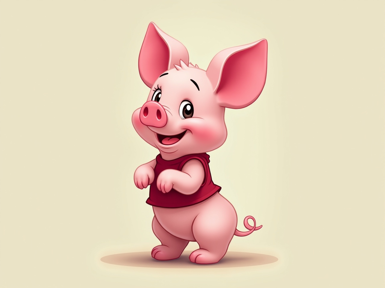 This image features a cheerful cartoon piglet, embodying a friendly and approachable demeanor. The piglet has large expressive eyes, a happy smile, and oversized ears that enhance its cuteness. It stands upright on two legs, showcasing a playful posture and a charming expression. Its pink skin and light beige background create a warm and inviting atmosphere. This character is perfect for use as an icon, particularly in children's media or websites.