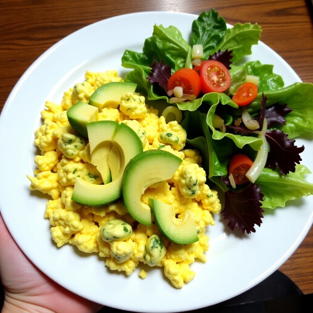 This image features a plate of delicious avocado scrambled eggs served alongside a fresh green salad. The scrambled eggs are fluffy and yellow, with slices of creamy avocado on top, giving a vibrant appearance. The salad includes various greens, cherry tomatoes, and a light dressing, showcasing a variety of colors. The dish is presented on a clean white plate against a wooden background, creating an inviting atmosphere. Perfect for breakfast or a nutritious meal any time of day.