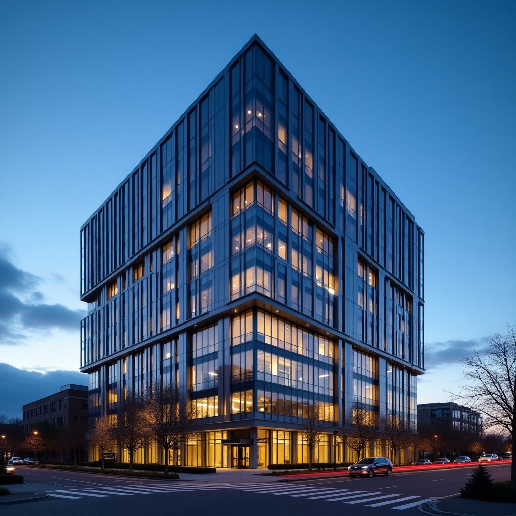 Sleek modern office building. Illuminated against twilight sky. Blend of steel and glass design.