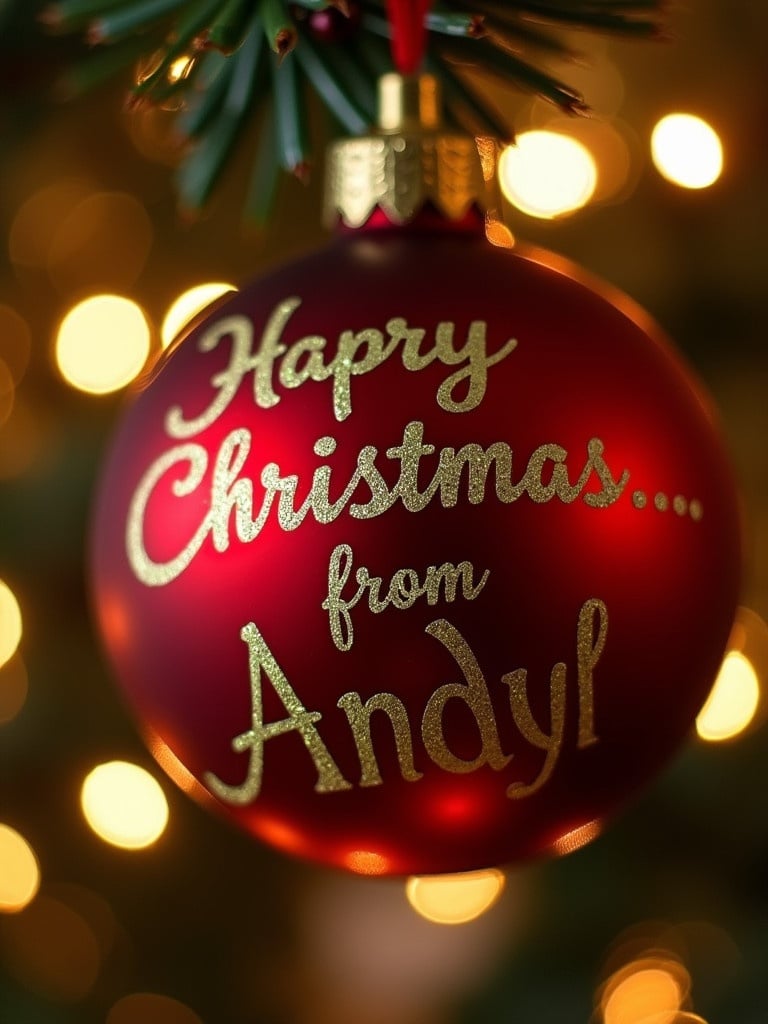 Close-up shot of a red Christmas bauble. The bauble features golden text that says 'Happy Christmas from Andyl'. Twinkling lights in the background create a festive atmosphere. Ideal for holiday-themed content.