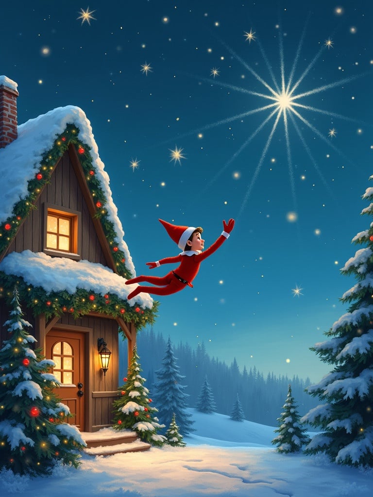 Elf waves goodbye while flying back to the North Pole. Names Dominic, Devon, Matthew and Maggie appear in the stars. Snowy cabin and Christmas trees in the background.