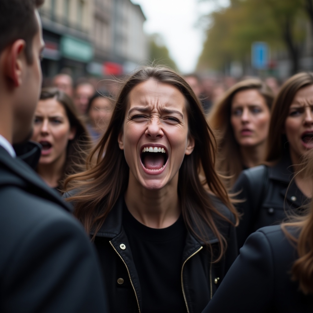 A woman is yelling in a crowded street. She expresses strong emotions. The crowd around her is focused but indistinct. The atmosphere feels intense and passionate.