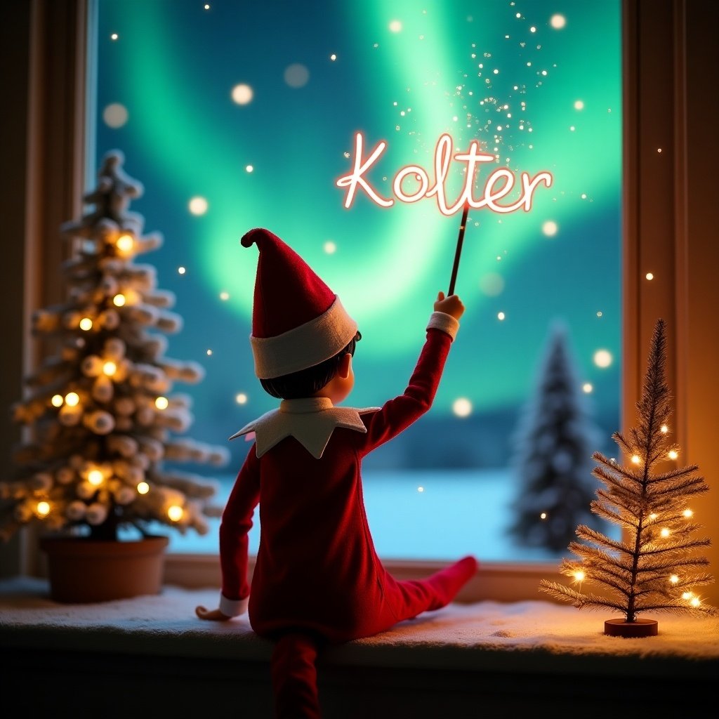 An enchanting Christmas scene featuring an elf on the shelf. The elf, dressed in vibrant red and white, faces the sky with its back to the viewer. It holds a magic wand aloft, with the name 'Kolter' glowing above. The background is adorned with mesmerizing northern lights, casting a magical ambiance. Soft lighting enhances the festive feel, showcasing a decorated Christmas tree nearby. The entire scene captures the whimsical spirit of Christmas and evokes joy and wonder.