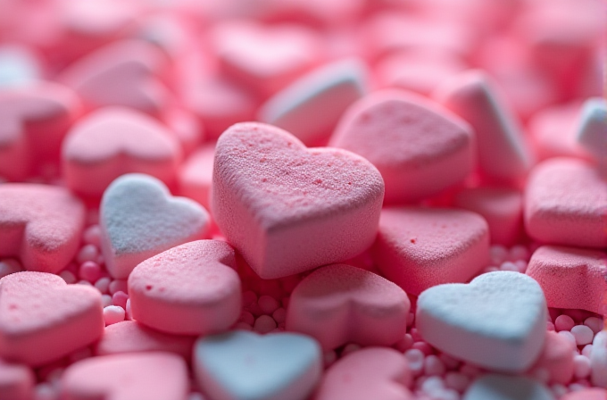 A pile of small pink and white heart-shaped candies.