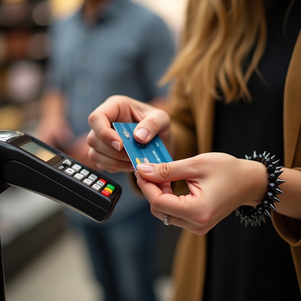 Person using a card payment machine. Hands holding a machine and credit card. Spiked bracelet worn by the individual. Casual retail background. Highlights modern payment methods.