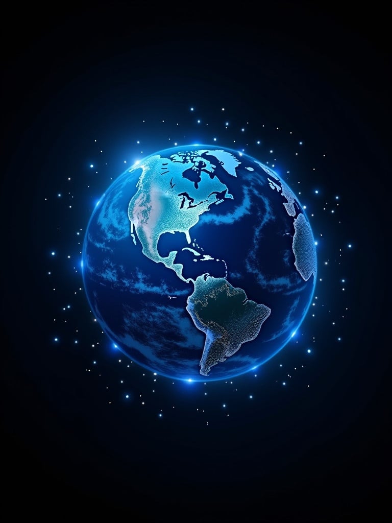 Digital representation of glowing Earth. Planet highlighted with blue and white dots. Dark background enhances brightness of the globe. Focus on technology and global connectivity.