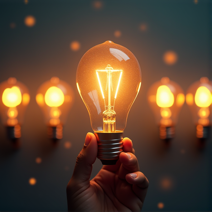 A hand holds a glowing light bulb among other lit bulbs in the background.