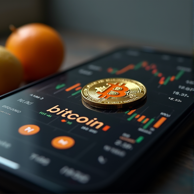 A Bitcoin coin is placed on a smartphone displaying a cryptocurrency trading app, with graphs and data visible on the screen.