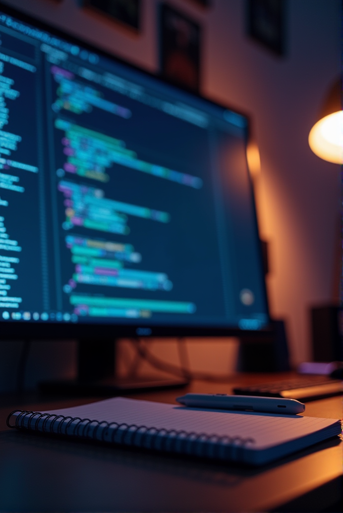 A computer screen displays programming code, with a spiral notebook and pen on a desk, illuminated by a warm lamp.