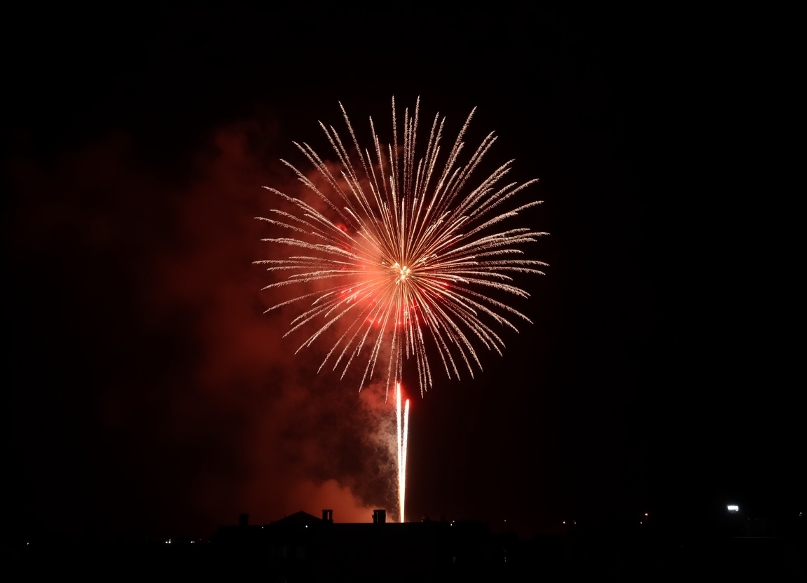 This image showcases a spectacular fireworks display at night. The exquisite bursts fill the sky with vibrant colors against a pitch-black background. The predominant hues of red, brown, and white create a festive atmosphere. The photograph captures the grandeur of the explosion elegantly, making it perfect for celebrations. Ideal for use in blogs, social media, or event marketing materials.