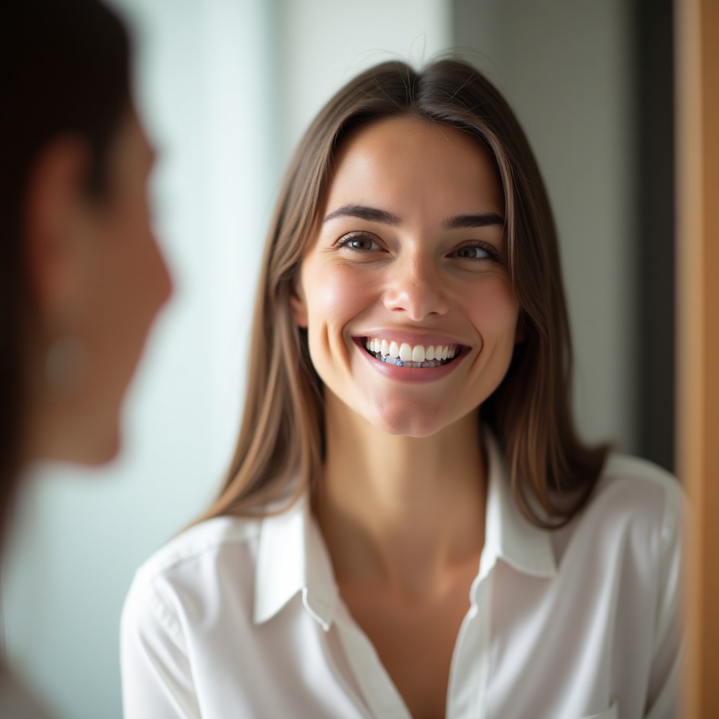 A woman smiles while wearing a dental invisalign aligner. She looks into a bathroom mirror. Soft natural light illuminates the scene. The woman appears confident and happy with her smile.