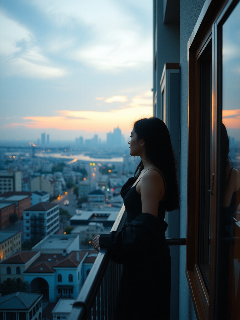 A woman leans against a balcony railing, gazing out at a cityscape during twilight. The evening sky is painted with soft hues of blue and orange, creating a serene backdrop. Her reflection is visible in the adjacent window, adding depth to the composition and enhancing the contemplative mood.