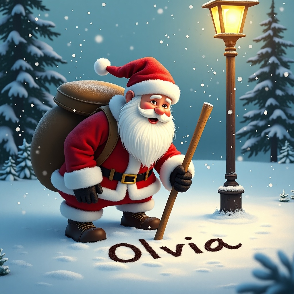 Santa Claus in a snowy landscape. Writing name in the snow. Warm street lamp nearby. Festive winter scene.