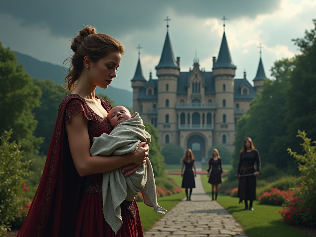 The scene takes place in the kingdom of Lunaria, focusing on Calista, a noble woman holding her baby Syrena with deep concern. Surrounding them is a grand, mystical castle, adding a layer of foreboding to the atmosphere. Calista's regal attire contrasts with her protective demeanor towards her child. Out of focus in the background, shadowy figures Lyanna and Finn advance with malicious intentions. The ominous dark clouds overhead amplify the tension while the roses in the garden hint at beauty amidst danger. Sounds of chaos echo from the castle, setting the stage for an impending conflict.