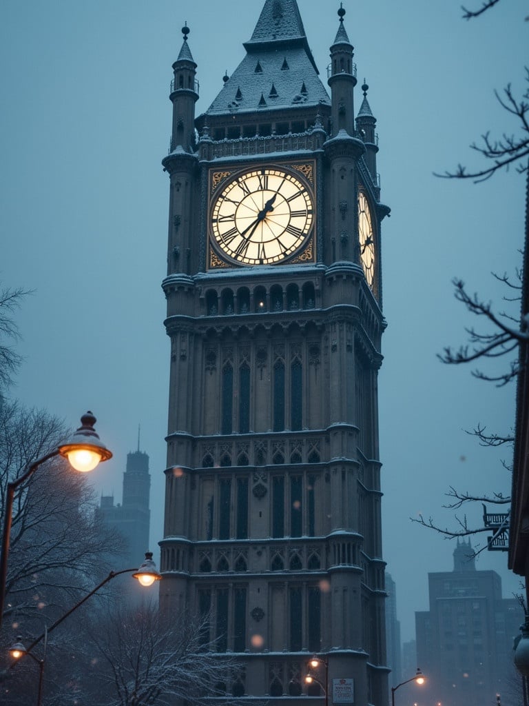 A tall clock tower is the main focus. The clock shows 12:00. Snowflakes fall gently around. The scene has a cinematic quality. The architecture is stunning and realistic. The lighting is soft and atmospheric.