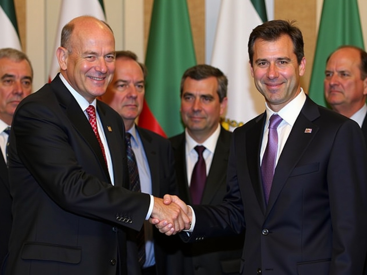 The image captures two men in suits shaking hands, symbolizing cooperation and partnership. They are positioned at the forefront, while a group of individuals stands behind them. The background features various flags, indicating an international context. The setting appears formal, suggesting a significant meeting or event. The men exhibit expressions of confidence and professionalism, reinforcing the idea of diplomatic relations.