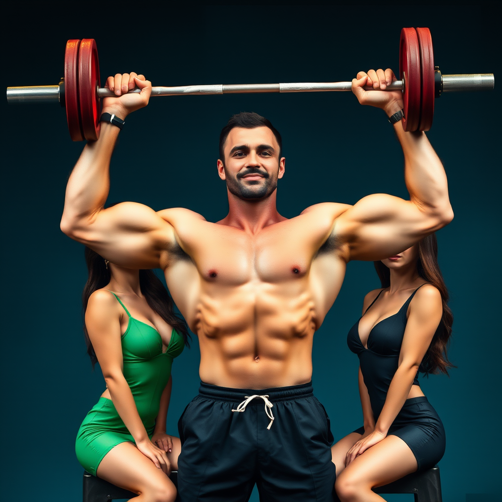 A muscular man confidently holds a barbell overhead, with two elegantly dressed women posing beside him.