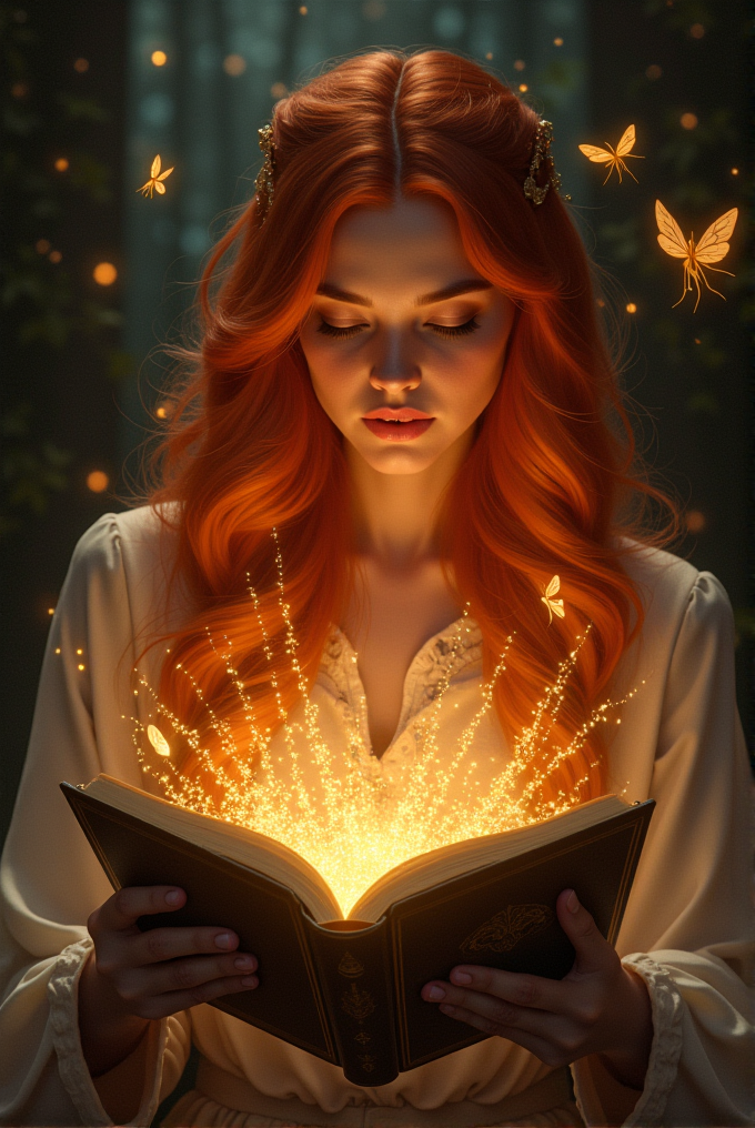 A woman with vibrant red hair reads a glowing book, surrounded by ethereal golden butterflies in a mystical forest setting.