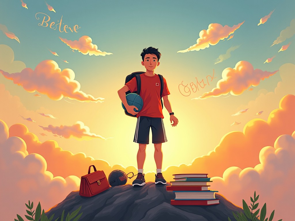 This illustration shows a young boy standing confidently on a rock during sunset. He holds a basketball in one hand and has a backpack over one shoulder. The color palette consists of warm oranges and cool blues, creating a serene yet inspiring atmosphere. The boy appears determined, symbolizing goals and aspiration. Surrounding him are lush green plants and a few books at his feet, indicating a balance between sports and education. The words 'Believe' and another encouraging term are artistically written in the sky, enhancing the motivational theme.